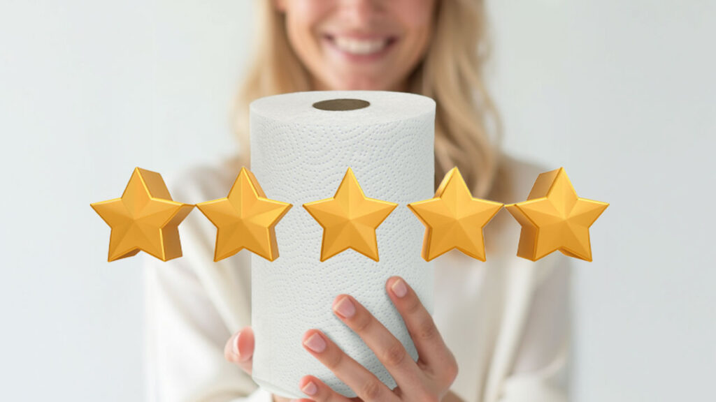 Una donna tiene in mano un asciugatutto, davanti al quale ci sono 5 stelle come se fosse una recensione