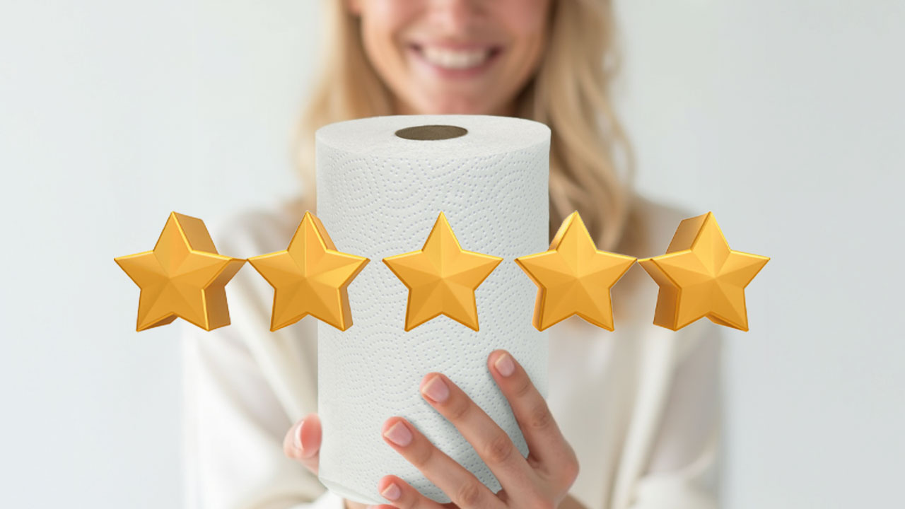 Una donna tiene in mano un asciugatutto, davanti al quale ci sono 5 stelle come se fosse una recensione